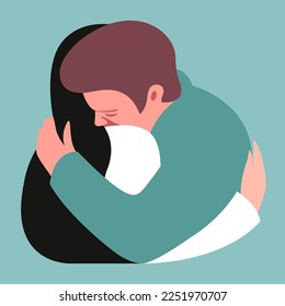 vector stylized illustration of two hugging people in love in a pastel trendy color palette. useful for Valentine's Day card or International Hug Day, flyers, posters, banners, declarations of love