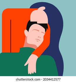 vector stylized illustration of two people in love hugging in a nice color palette. a woman hugs a seated man from behind. can be used as a card for Valentine's Day or International Hug Day, for print