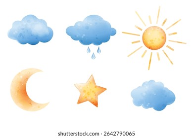 Vector stylized illustrations of clouds, rain, sun, crescent moon, star. Set of elements for weather design in watercolor style.