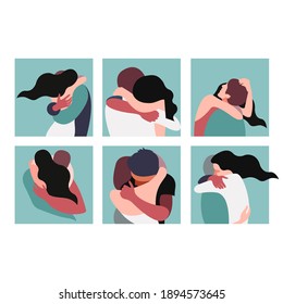 Vector Stylized Illustrations Of Two Hugging People Inscribed In A Square On The Theme Of Valentine's Day And International Hug Day. Can Be Used As Web Icons, Banners, Postcards, Flyers, Backgrounds.