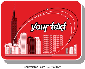 Vector stylized image of a city with houses and buildings and buildings with skyscrapers on a red background. Color card, business card, poster and leaflet label texts for sales promotions
