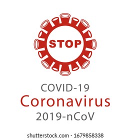 Vector stylized image of a coronavirus molecule under the microscope on a white background. Icon, banner, logo of a dangerous Chinese microbe from Wuhan. Picture 2019-ncov infection. Stop coronavirus.