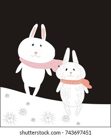 Vector stylized image of cute white hares standing on a winter drift. 
For Christmas cards and children's books