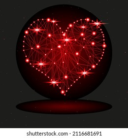 Vector, Stylized Image of the Heart, Composed of Triangular Shapes, Rays and Glowing Spheres in Red Colors, Hanging in The Space of the Starry Dark Background. Dedicated to Valentine's Day