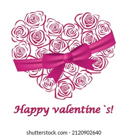 Vector stylized image of a heart from the contours of red roses, with a crimson color mesh ribbon, on a white background. With the inscription "Happy Valentine's".