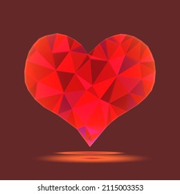 Vector, Stylized Image of a Heart Made Up of Triangles in Red Tones On a Red-Brown Background. Dedicated to Valentine's Day