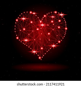 Vector, Stylized Image of a Heart, Made Up of Intersecting Rays and Luminous Balls in Red Tones, Hanging in Space Against a Starry Dark Background. Dedicated to Valentine's Day