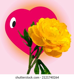 Vektorgrafik, stylisiertes Bild eines Herzens, das sich bescheiden hinter einer gelben Primrose-Blume versteckt, gezeichnet von Triangulation. Kann am Valentinstag angewendet werden 