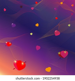 Vector Stylized Image of Hearts Falling from A Dark Blue Sky and Multi-Colored Spider Webs Dedicated to Valentine's Day
