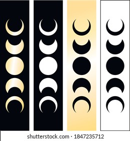 Vector stylized image of the moon of gold and black color in different phases in the form of a pattern on different backgrounds