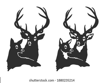 vector stylized image of a pair of deer, black and white