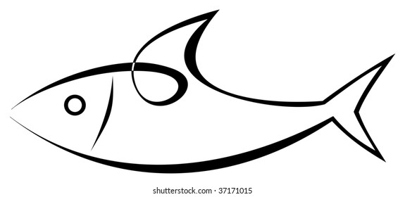 Vector stylized image of sea-fish on white background. Sea food. Symbol, tattoo, icon.