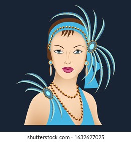 Vector stylized image of a woman portrait in a retro style hat of the 1920s. Vector illustration for retro party, invitation, vintage design. EPS10.