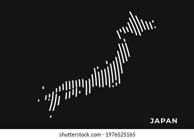 Vector of Stylized Japan Map in Simple Striped White Flat Line on Black Background.