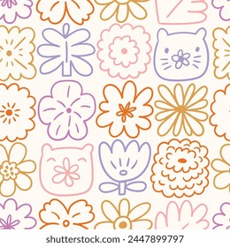 Vector stylized line floral print. Decorative colorful flower seamless pattern. Botanical repeated ornament. illustrated linear flowers on white background. Hand-drawn stylish pattern design