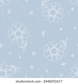 Vector stylized line floral print. Decorative flower seamless pattern. Botanical repeated ornament. Linear flowers on limited palette. Hand drawn design.