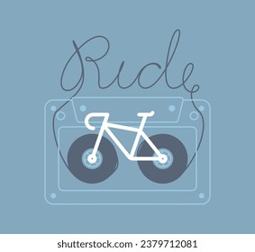 Vector stylized line of an old compact audio cassette with bicycle inside and text RIDE. Isolated on blue background