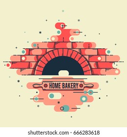 Vector stylized linear image of the oven, wood burning stoves, for logo, restaurants, websites and advertising. A brick oven with a rolling pin for dough and a name, a place for advertising.