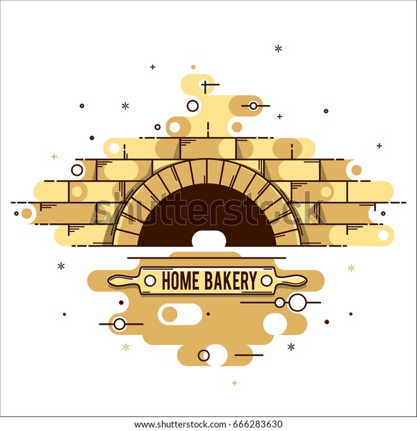 Vector\
stylized linear image of the oven, wood burning stoves, for logo,\
restaurants, websites and advertising. A brick oven with a rolling\
pin for dough and a name, a place for\
advertising.