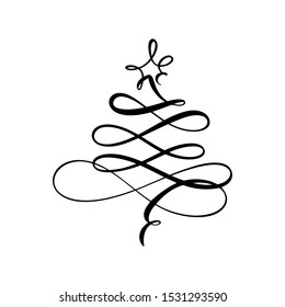 Vector stylized logo, scribbled Christmas tree with star on top. Xmas element of design for greeting card, banner, poster