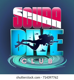 Vector stylized logo or sign of scuba divers. The image of a floating scuba diver on the background of a bright inscription: Scuba Diver CLUB. At the bottom of the whirlpool stylization.
