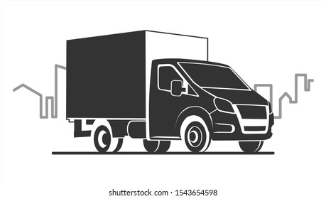 vector stylized lorry on the background of the city, the contour of the buildings, the line of the urban landscape, three quarters view; logo, car template for advertising; a small truck.