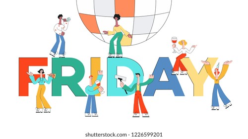 Vector stylized male, female characters at party dancing with disco ball drinking wine from glasses, making selfie on background of friday letters background. Office men, women colleagues or friends