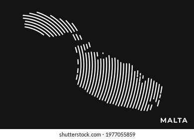 Vector of Stylized Malta Map in Simple Striped White Flat Line on Black Background.