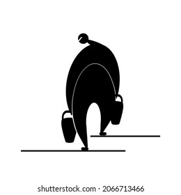 Vector stylized man carries 2 buckets, gardener icon, spring-summer garden work, gardening