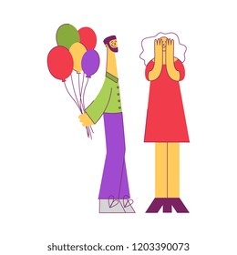 Vector stylized man giving colored balloons as surprise present to woman hiding face with her hands at birthday party, anniversary celebration Young male, female characters celebrating