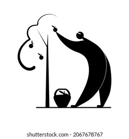Vector stylized man harvesting apples, gardener icon, autumn-summer garden work, gardening