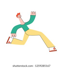 Vector stylized man running in fast pace smiling. Happy male sportsman working out, student or businessman in a hurry. Active young character, healthy lifestyle. Isolated illustration