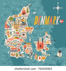 Vector Stylized Map Of Denmark. Travel Illustration With Danish Landmarks, People, Food And Animals.