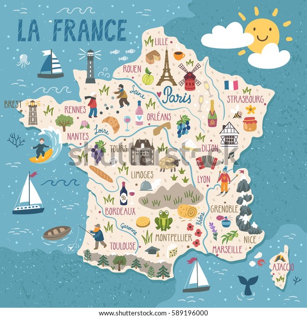 Vector stylized map of France.\
Travel illustration with french landmarks, people, food and\
animals. 