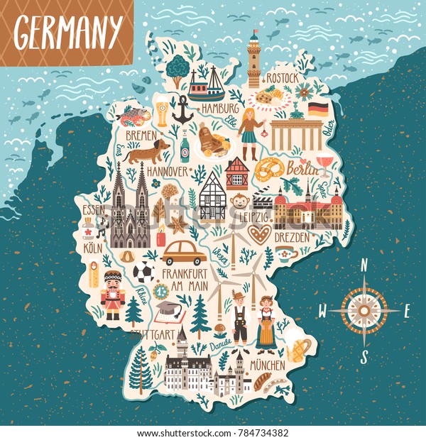 ドイツのベクター画像様式の地図 ドイツの目印 人 食べ物 動物を使った旅行イラスト のベクター画像素材 ロイヤリティフリー