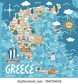 Vector stylized map of Greece. Travel illustration with greek landmarks, building, plants and traditional food. svg