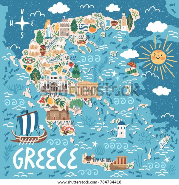 ギリシャのベクター画像スタイル化地図 ギリシャの目印 建物 植物 伝統的な食べ物を持つ旅のイラスト のベクター画像素材 ロイヤリティフリー