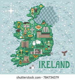 Vector Stylized Map Of Ireland. Travel Illustration With Irish Castles, People, Symbols, Traditional Food And Drinks.