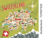 Vector stylized map of Switzerland. Travel illustration with swiss landmarks, nature, people, food and symbols.