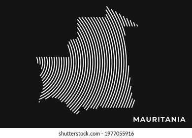 Vector of Stylized Mauritania Map in Simple Striped White Flat Line on Black Background.