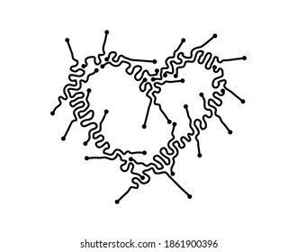 Vector stylized mechanical heart. Electronic board symbol, computer, robot, signal, current, charge, energy flows, microprocessor.