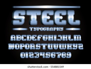Vector of stylized metallic font and alphabet