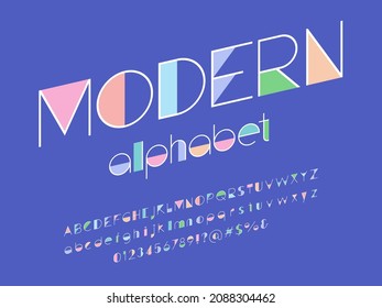 Vector of stylized modern abstract alphabet design with uppercase, lowercase, numbers and symbols