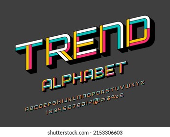 Vektorgrafik des stilisierten modernen Alphabets mit Großbuchstaben, Zahlen und Symbolen