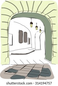 vector stylized modern illustration of architect element in Prague. beautiful bright colorful sketch of archway and flashlights in it. Hand drawing architecture 