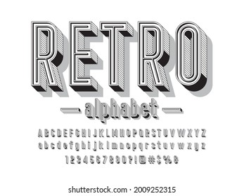 Vector de diseño de alfabeto retro moderno estilizado con mayúsculas, minúsculas, números y símbolos