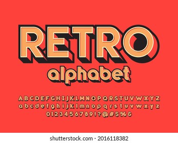 Vector de diseño de alfabeto retro moderno estilizado con mayúsculas, minúsculas, números y símbolos