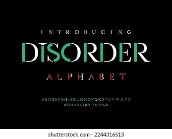 Vector of stylized modern serif alphabet design with uppercase, numbers and symbols