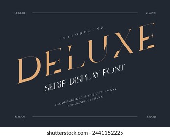 Vector of stylized modern serif alphabet design with uppercase, numbers and symbols