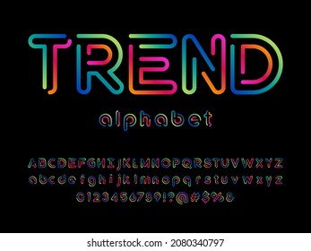 Vector del diseño estilizado del alfabeto de color vibrante con mayúsculas, minúsculas, números y símbolos